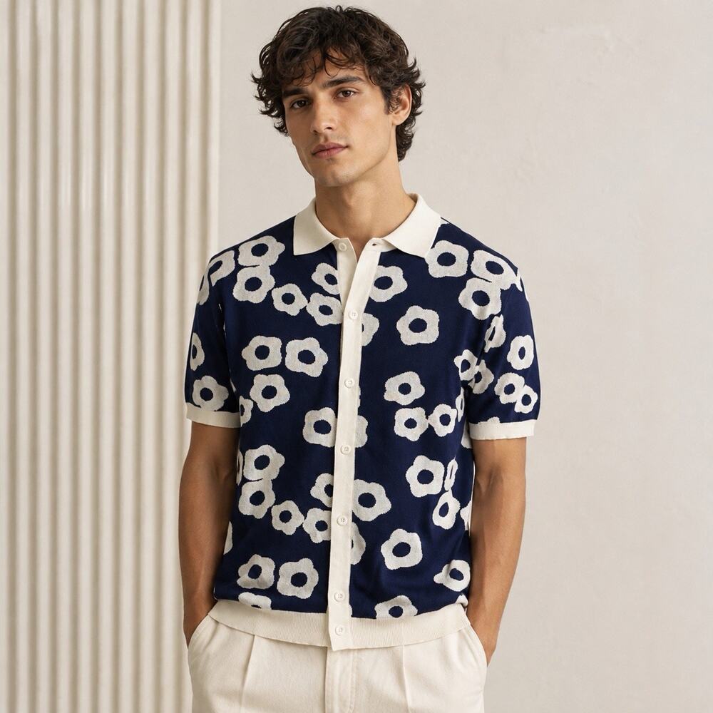OXKNIT Men 2XL Navy Cream Daisy Floral Knit Polo Cardigan Shirt 70s Retro NWT